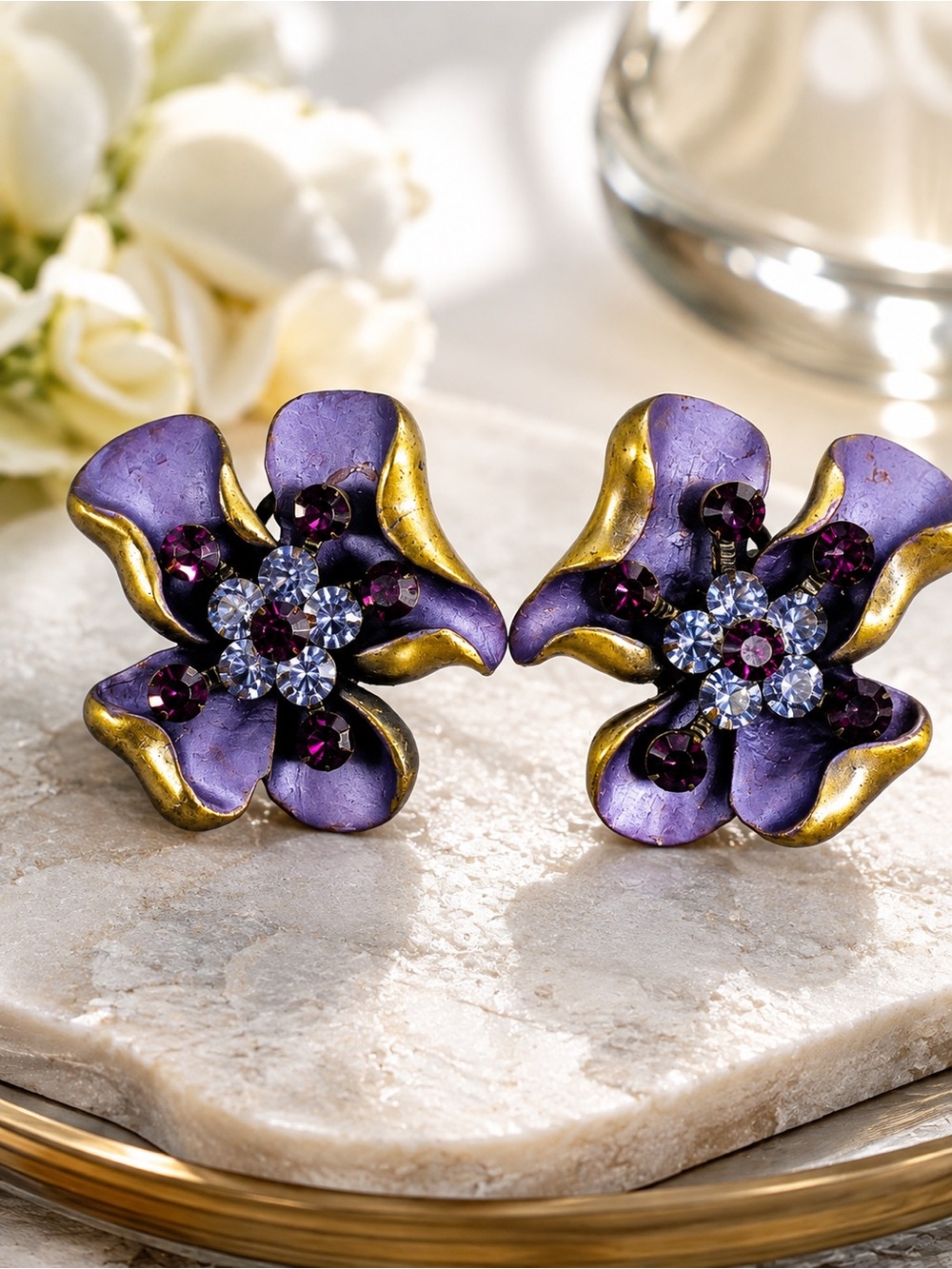 499. Vintage Purple Enamel Flower Rhinestone Statement Clip Post Earrings